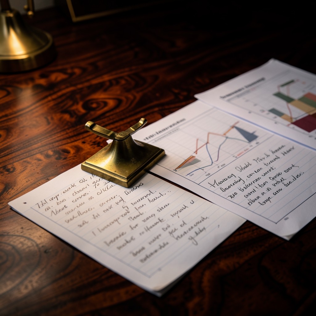 Close view of handwritten branch notes beside printed productivity charts