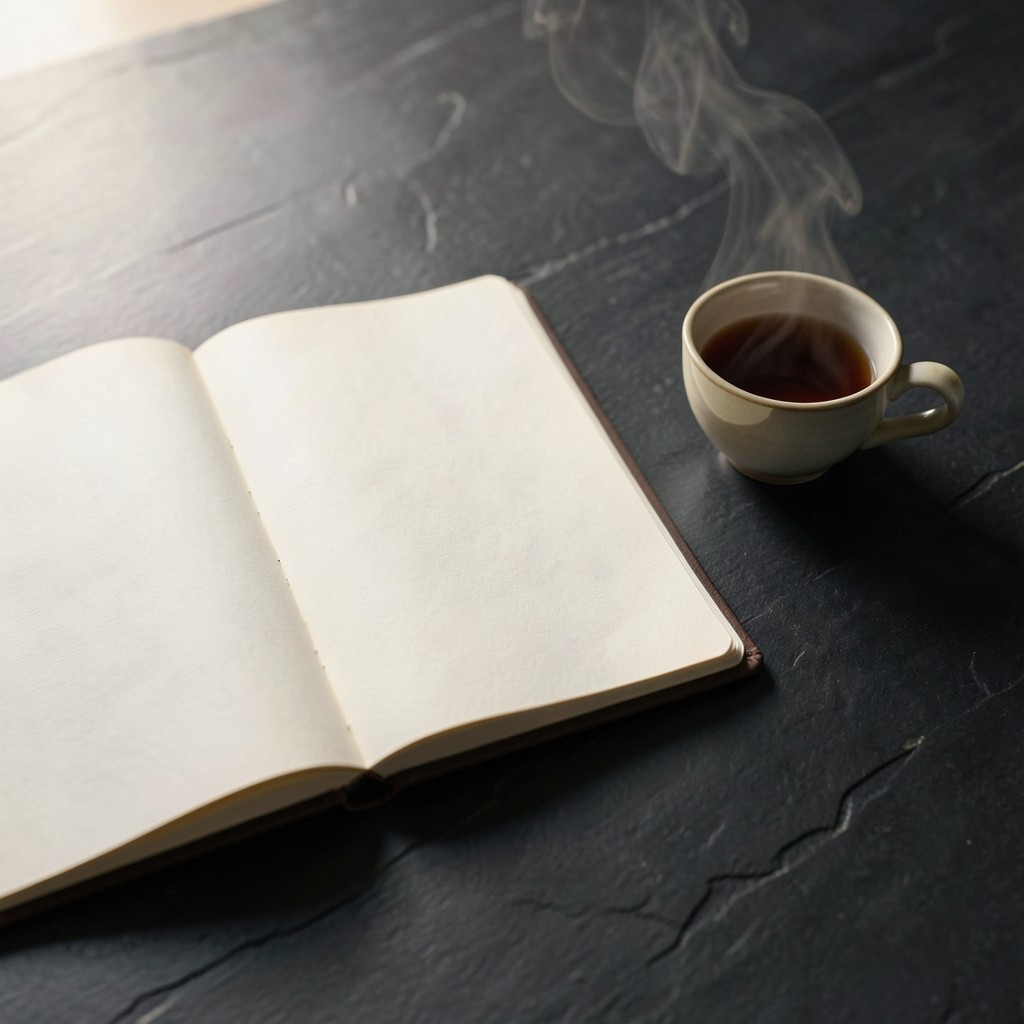 Notebook with a weekly briefing agenda beside a cup of tea
