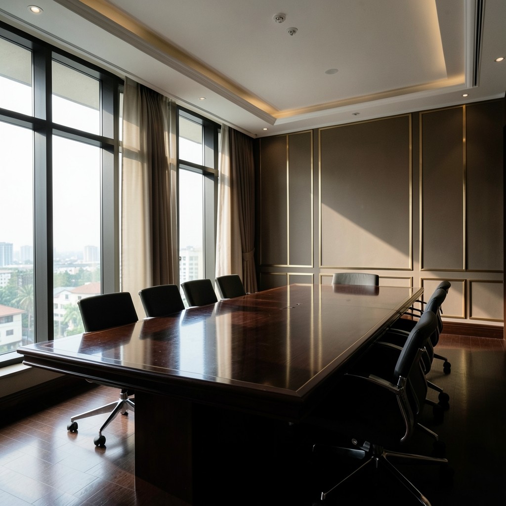 Quiet meeting room in Bangkok with dark wood and soft window light prepared for an operator briefing