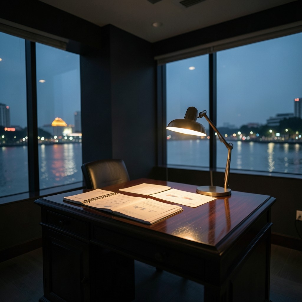 Wide cinematic view of a Bangkok riverside office desk with soft lamp light over printed branch charts