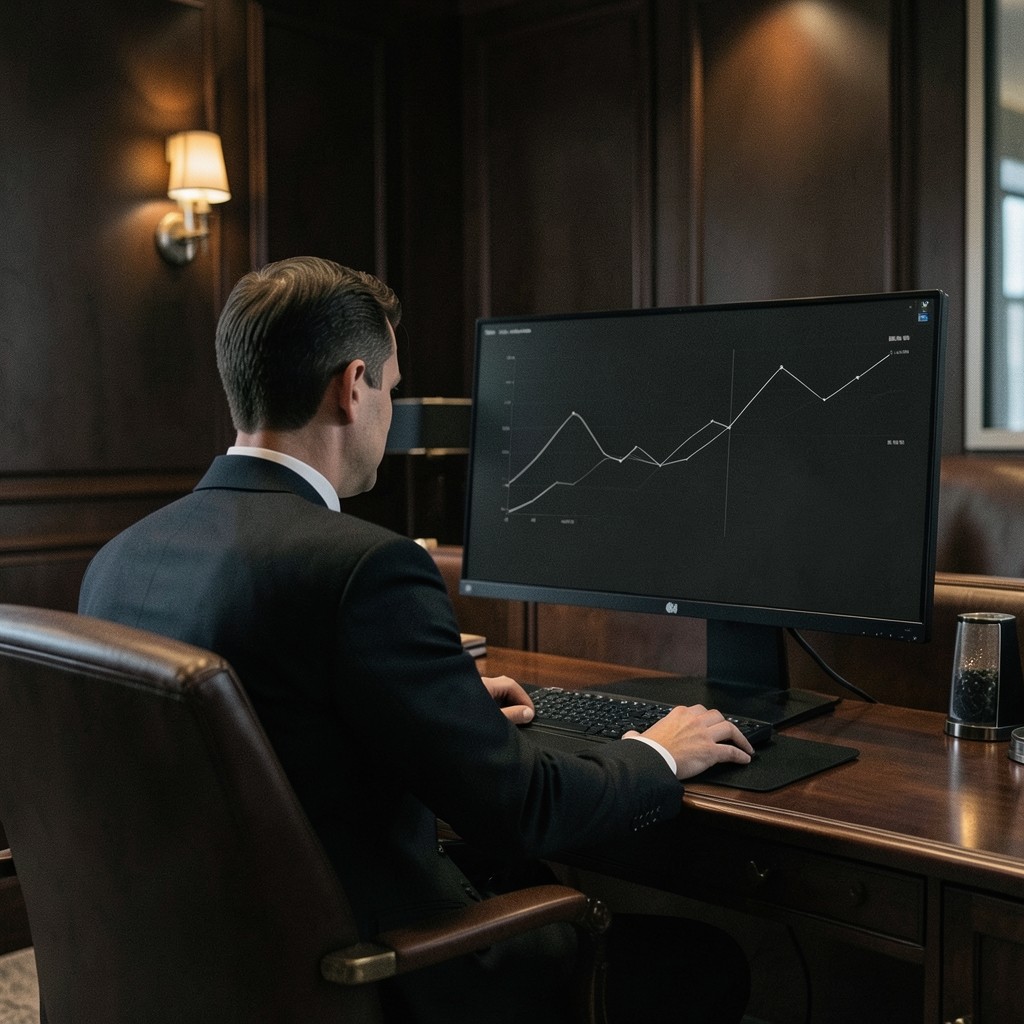 Analyst reviewing branch productivity charts on a wide desk screen