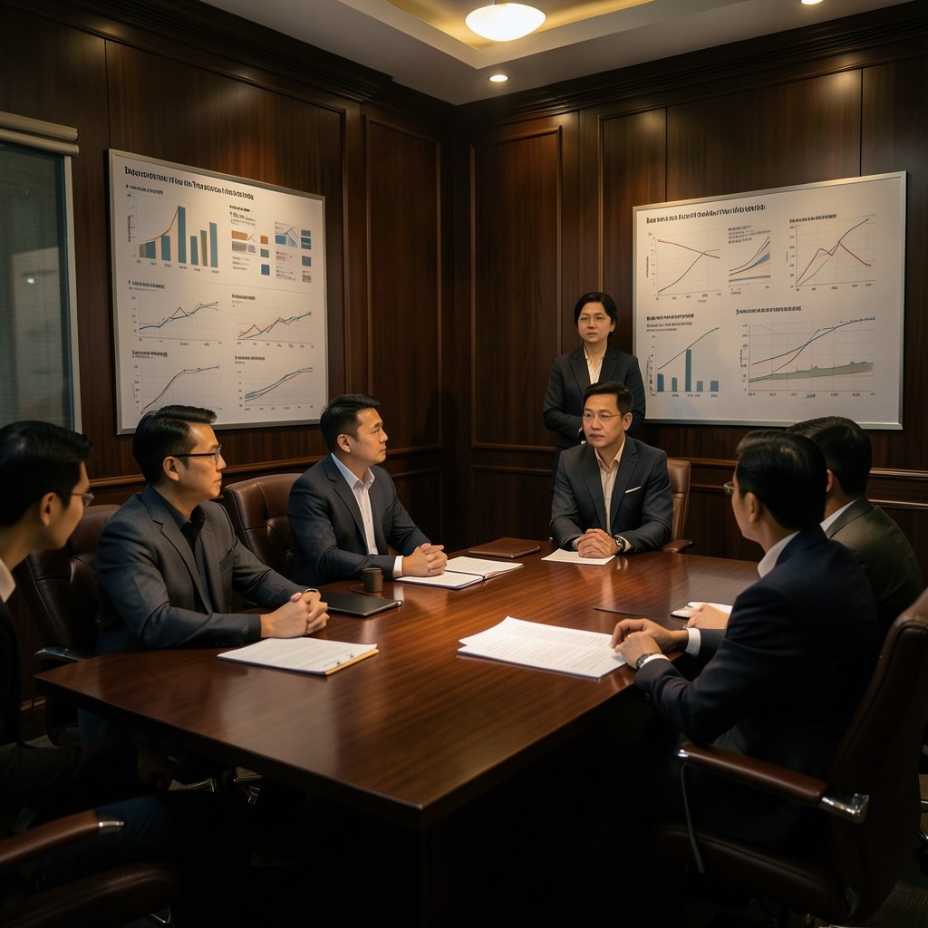 Facilitator guiding operators through productivity charts in a meeting room